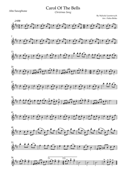 Carol Of The Bells (Christmas Song) for Alto Saxophone Solo (D Minor)