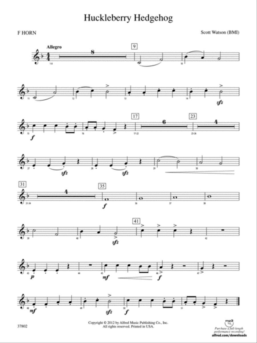 Huckleberry Hedgehog: 1st F Horn Concert Band scores gallery preview page 1