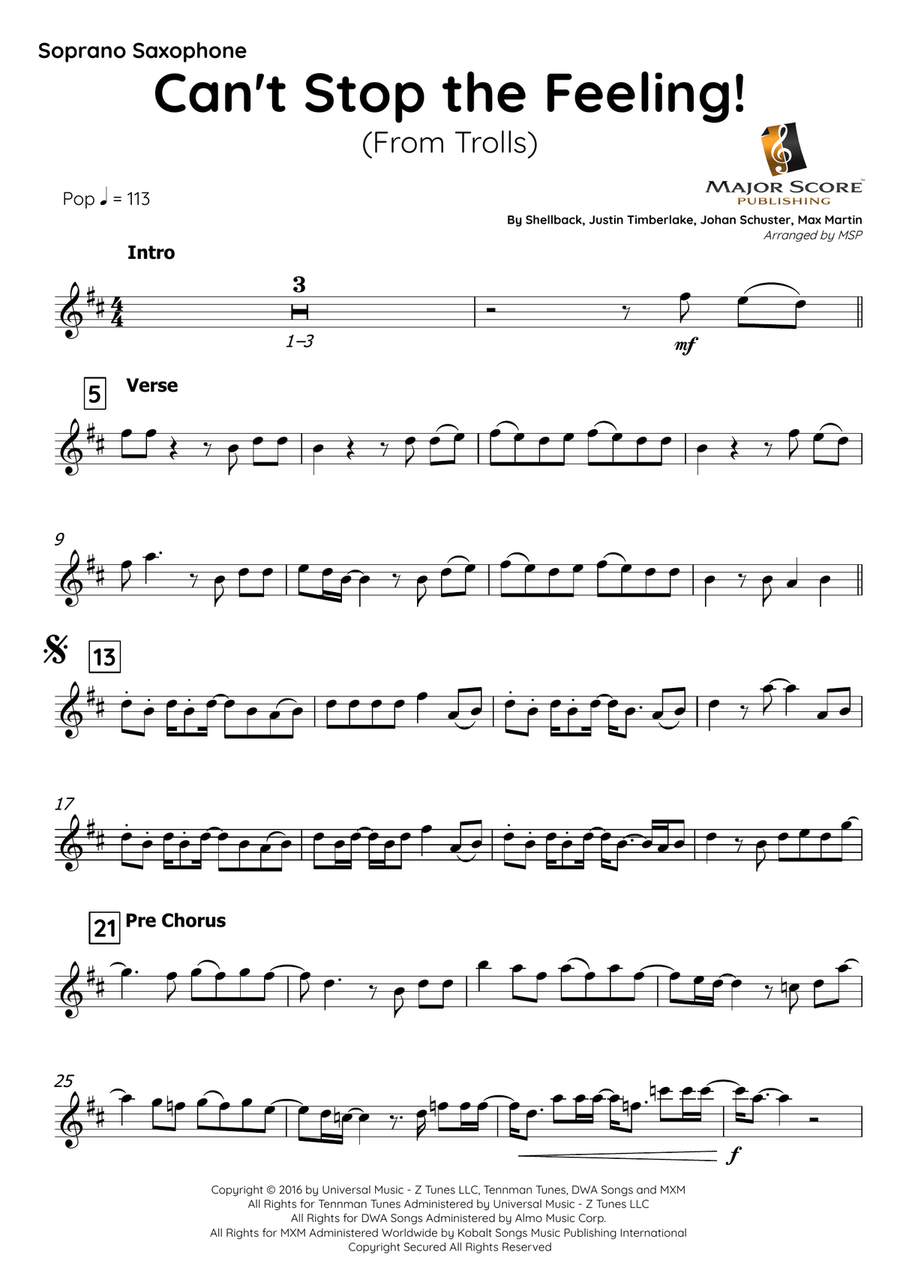 Can't Stop The Feeling! Soprano Saxophone scores gallery preview page 2