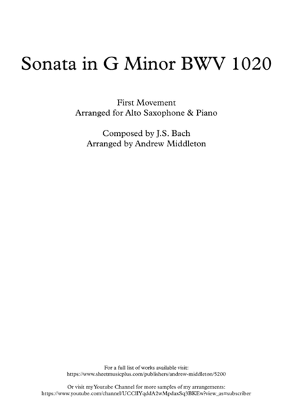 Sonata in G Minor BWV 1020, First Movement, arranged for Alto Saxophone & Piano image number null