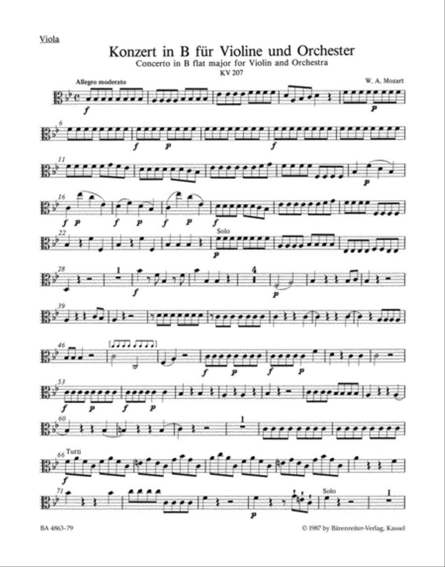 Concerto for Violin and Orchestra, No. 1 B flat major, KV 207 by Wolfgang Amadeus Mozart Violin Solo - Sheet Music