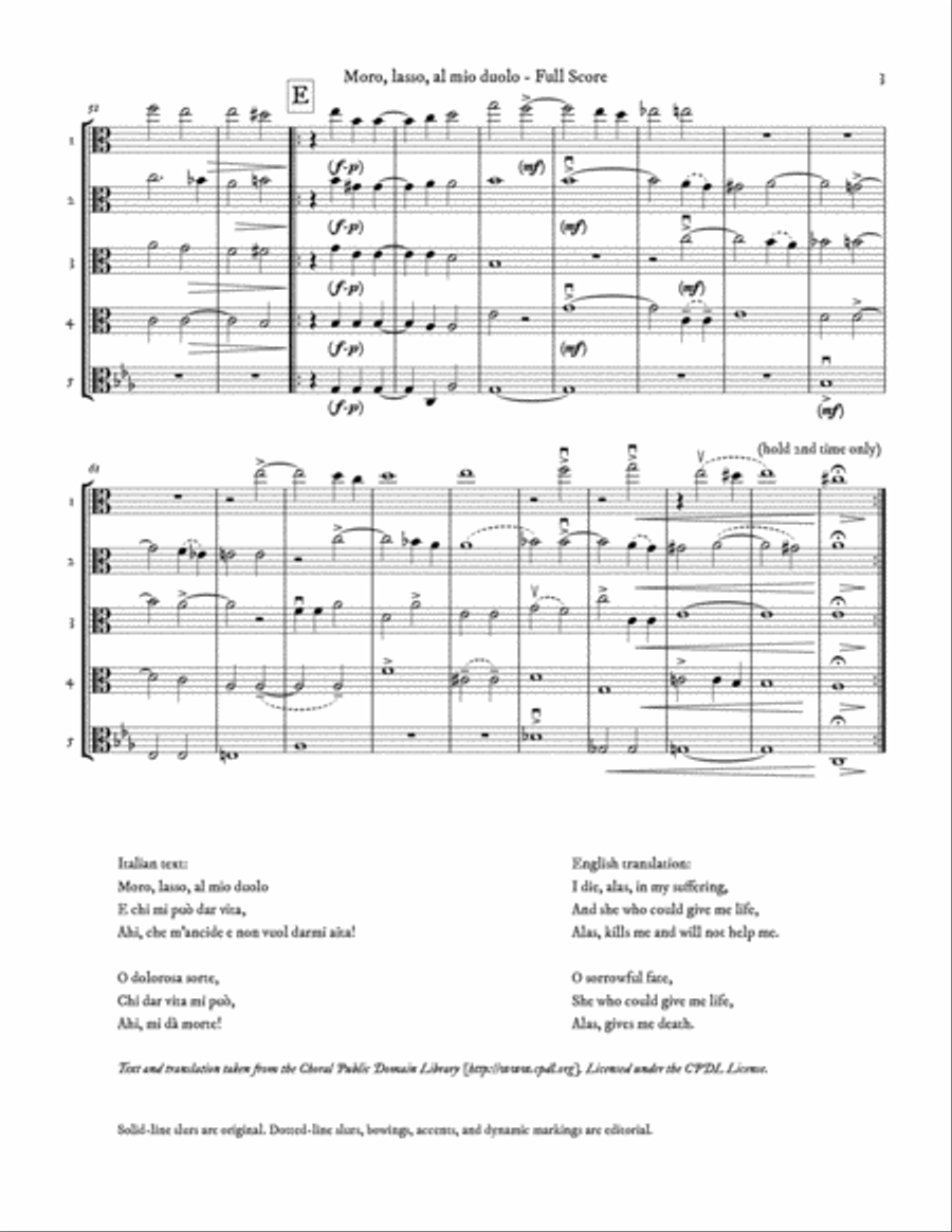 Moro, lasso, al mio duolo (Madrigal for Viola Quintet) Choir scores gallery preview page 3