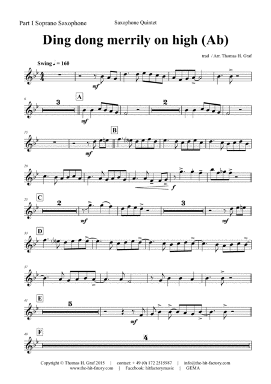 Ding dong merrily on high (Ab) - Swing - Saxophone Quintet Saxophone Quintet scores gallery preview page 5