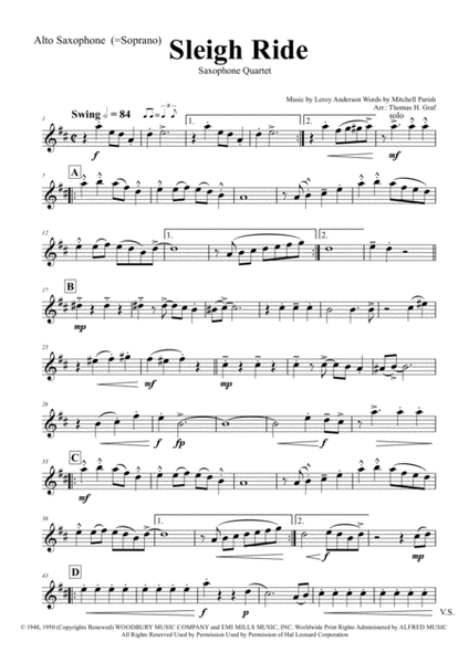 Sleigh Ride - Easy Swing - Saxophone Quartet