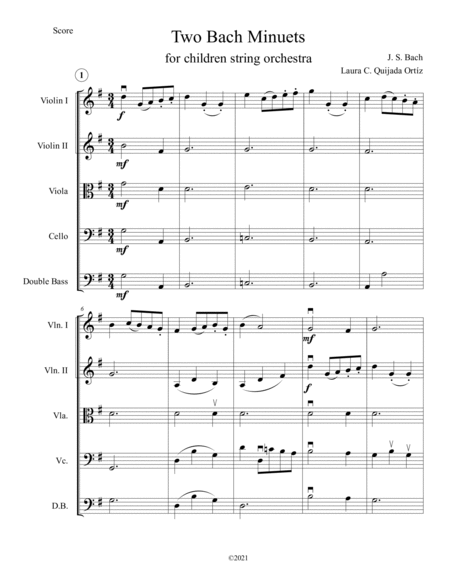 Two Bach Minuets, for children string orchestra. SCORE & PARTS. image number null