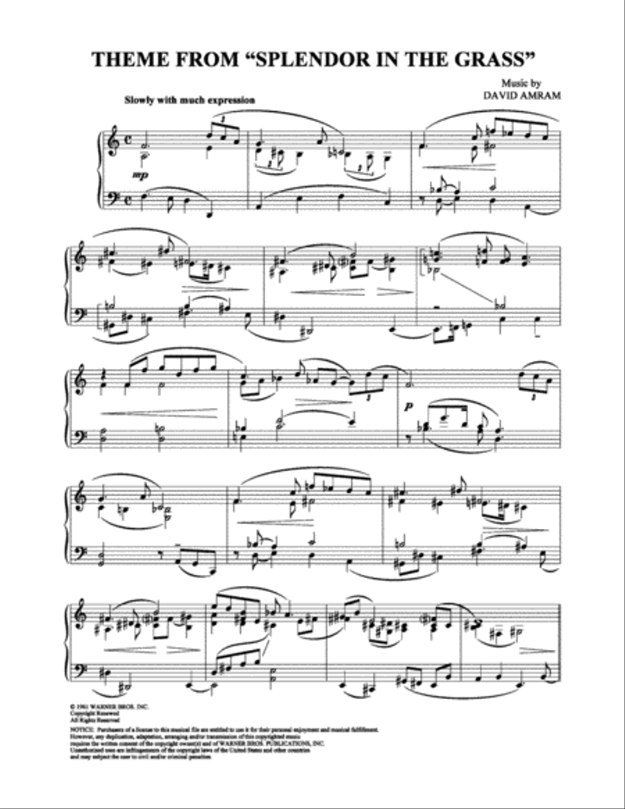Splendor in the Grass (Main Theme) Piano Solo scores gallery preview page 1