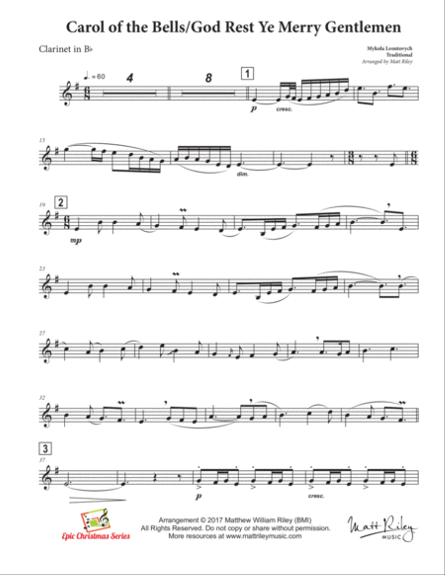 Carol of the Bells / God Rest Ye Merry Gentlemen Clarinet Solo scores gallery preview page 2