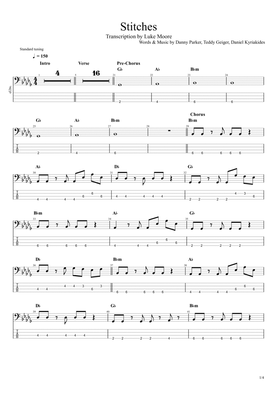 Stitches Stitches Bass Guitar scores gallery preview page 1