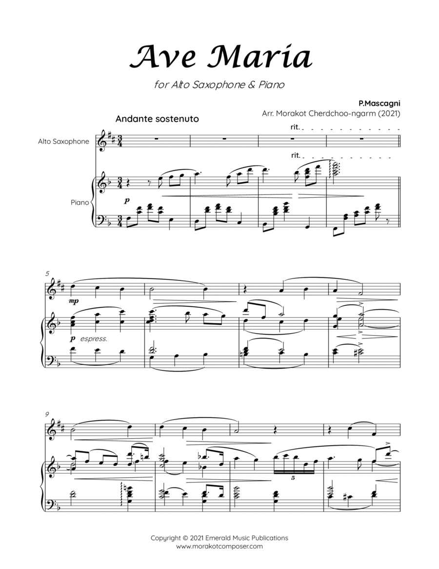 AVE MARIA MASCAGNI for Alto Saxophone & Piano Alto Saxophone scores gallery preview page 1