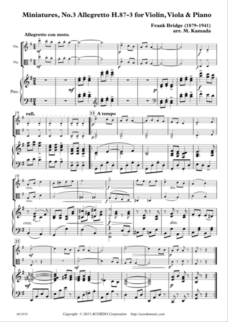 Miniatures, No.3 Allegretto H.87-3 for Violin, Viola & Piano Piano Trio scores gallery preview page 1