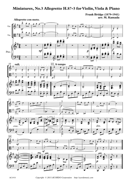 Miniatures, No.3 Allegretto H.87-3 for Violin, Viola & Piano image number null