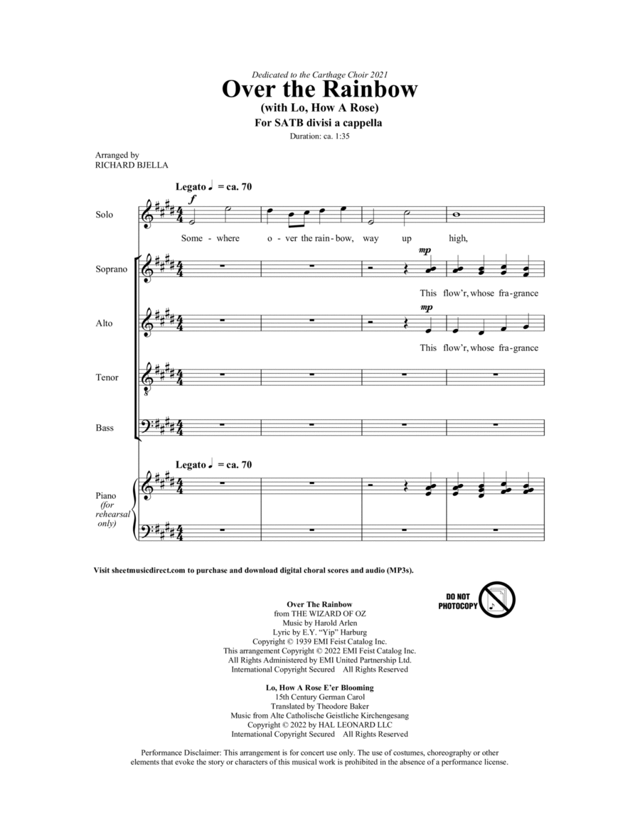 Over The Rainbow (with Lo How a Rose) (arr. Richard Bjella) 4-Part scores gallery preview page 1