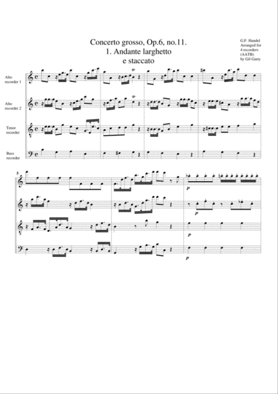 Concerto grosso, Op.6, no.11 (arrangement for 4 recorders) Recorder scores gallery preview page 1