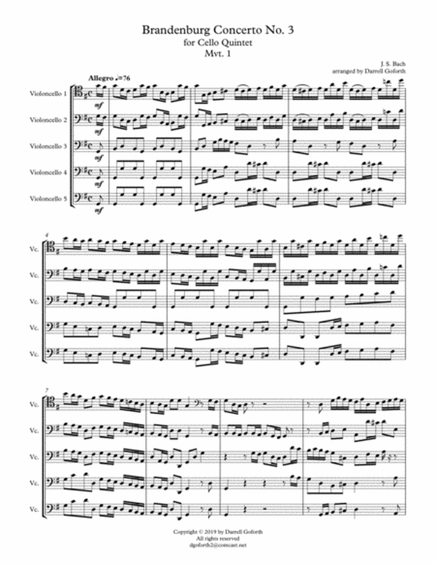Bach: Brandenburg Concerto No. 3 for Cello Quintet image number null