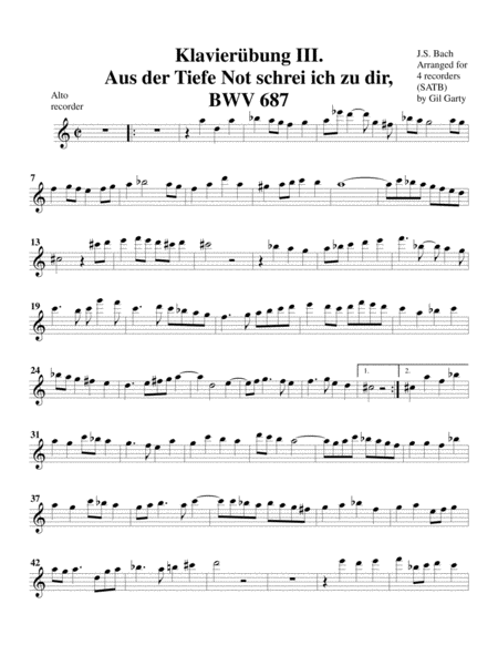 Aus der tiefe Not schrei ich zu dir, BWV 687 (Arrangement for 4 recorders)