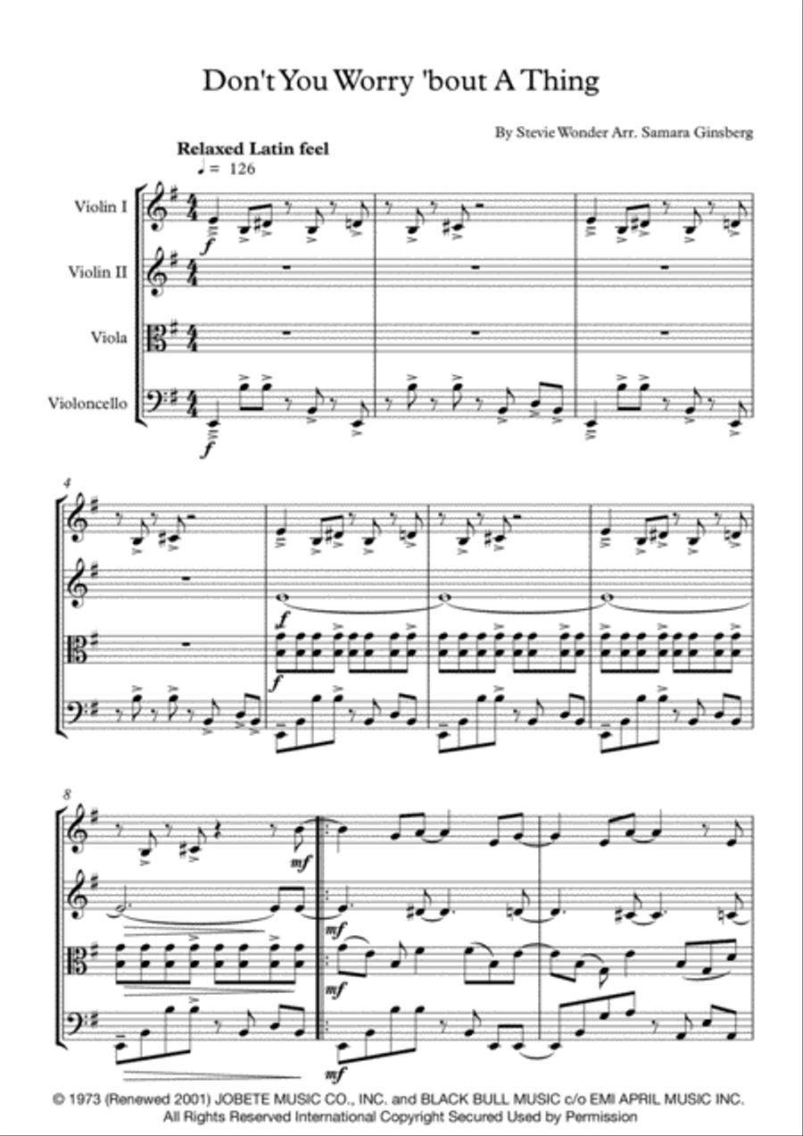 Don't You Worry 'bout A Thing String Quartet scores gallery preview page 1
