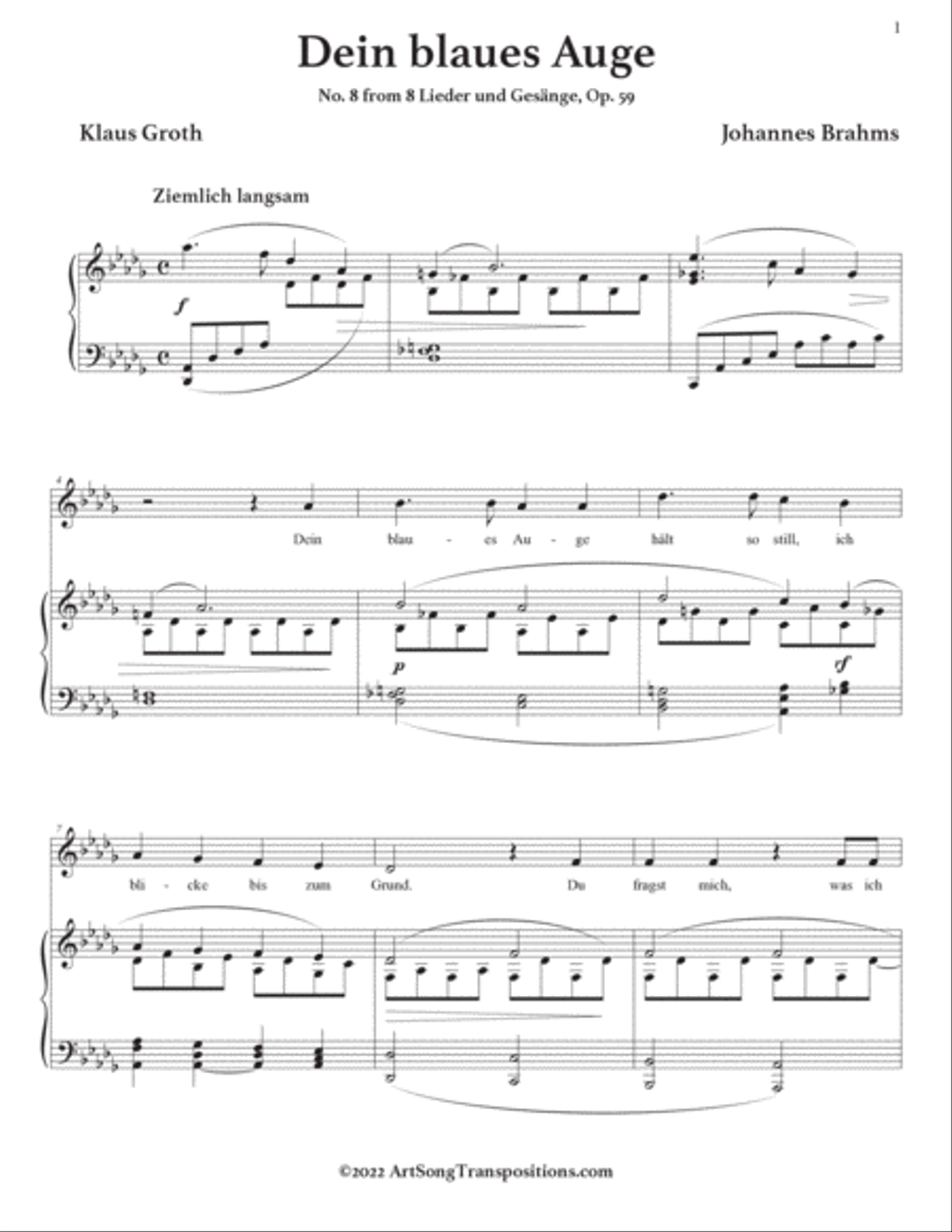 BRAHMS: Dein blaues Auge, Op. 59 no. 8 (transposed to D-flat major) Voice scores gallery preview page 2