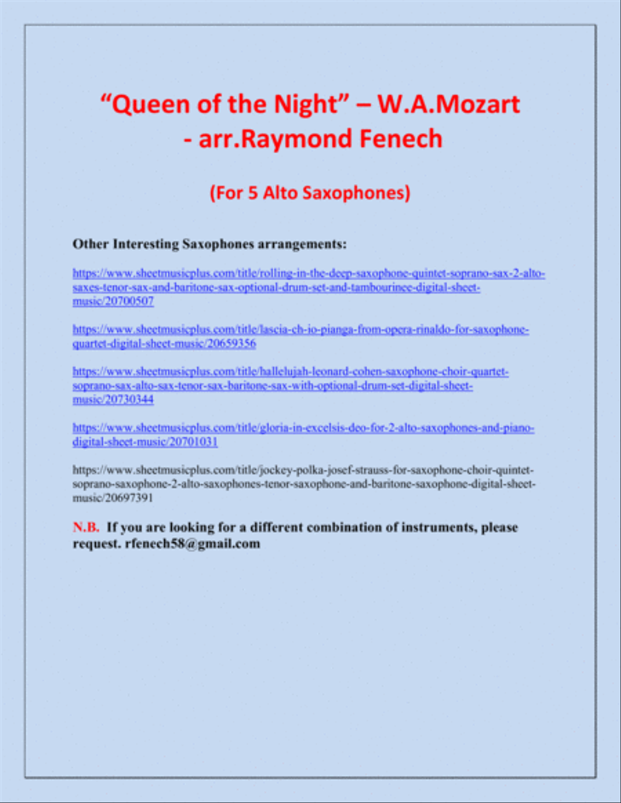 Queen of the Night - From the Magic Flute - 5 Alto Saxophones Quintet Woodwind Quintet scores gallery preview page 3