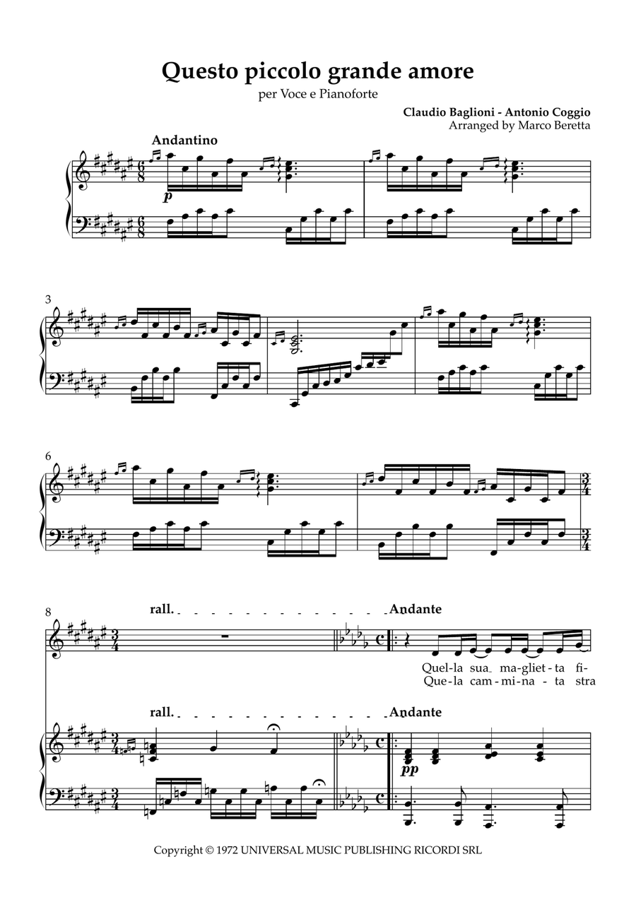 Questo Piccolo Grande Amore Piano, Vocal scores gallery preview page 1