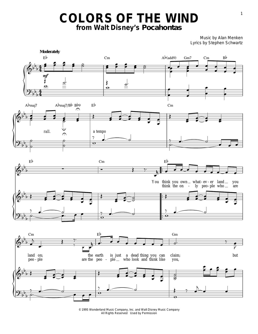 Colors Of The Wind (from Pocahontas) Piano, Vocal scores gallery preview page 1