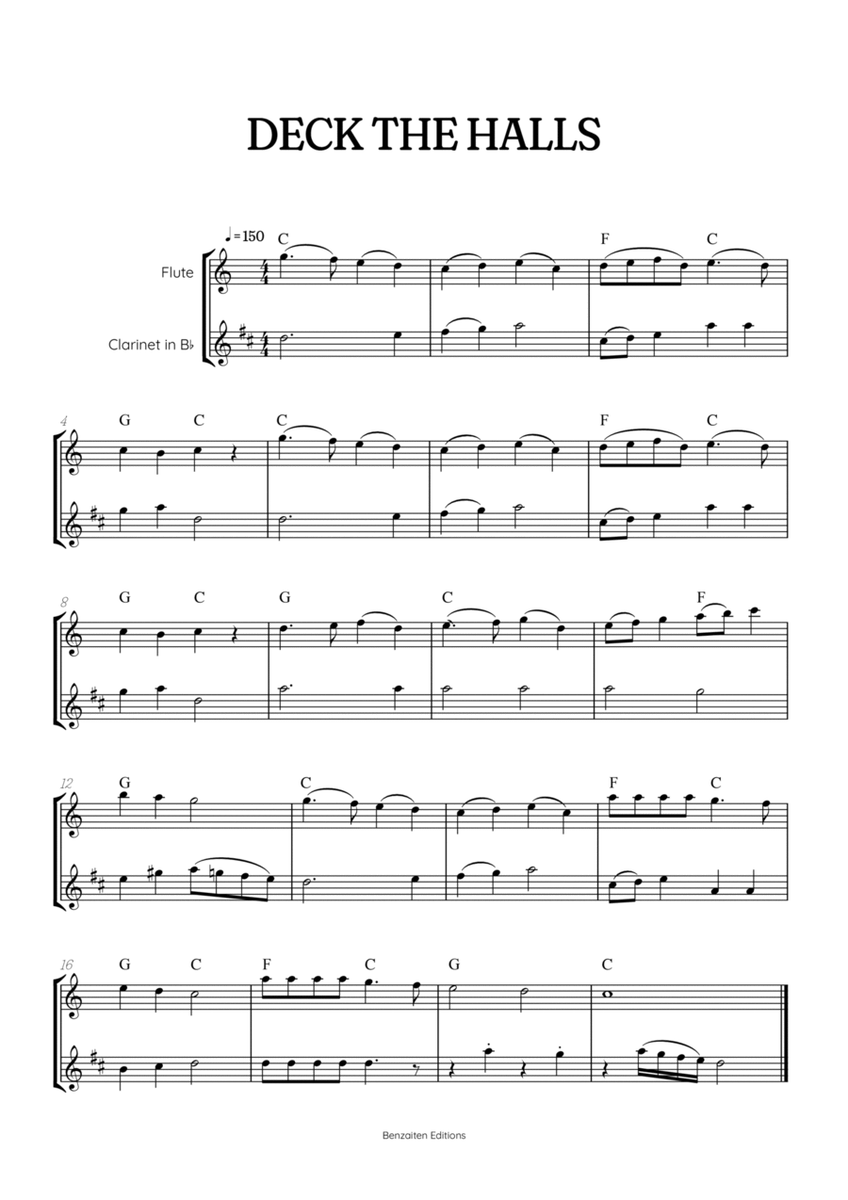 Deck the Halls for flute and clarinet duet • intermediate Christmas song sheet music with chords image number null