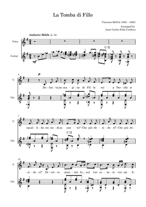 La Tomba di Fille (Dolente immagine di Fille mia) in E minor for voice and guitar