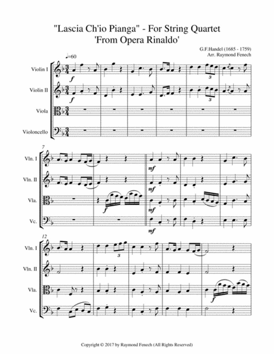 Lascia Ch'io Pianga - From Opera 'Rinaldo' (For String Quartet) image number null