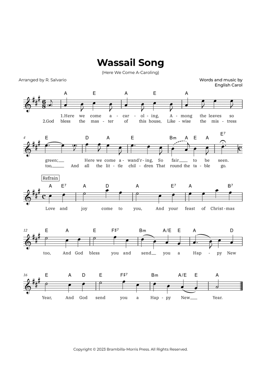 Wassail Song (Here We Come A-Caroling) - Key of A Major Piano scores gallery preview page 1