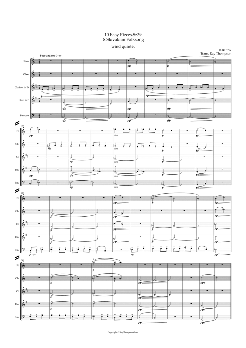 Bartók: 10 Easy Pieces , Sz.39 8.Slovakian Folksong - wind quintet image number null