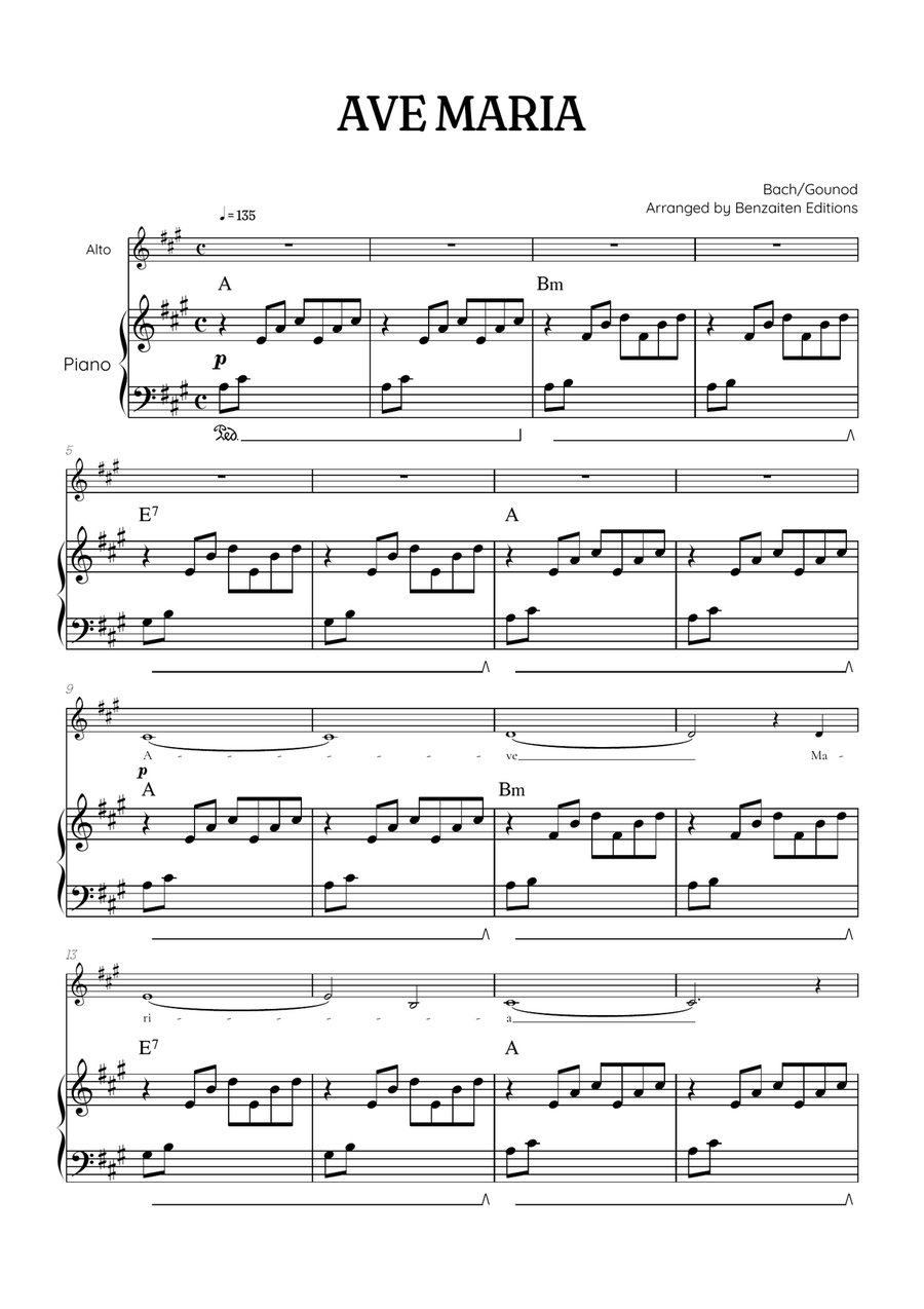 Bach / Gounod Ave Maria in A major • contralto sheet music with piano accompaniment and chords