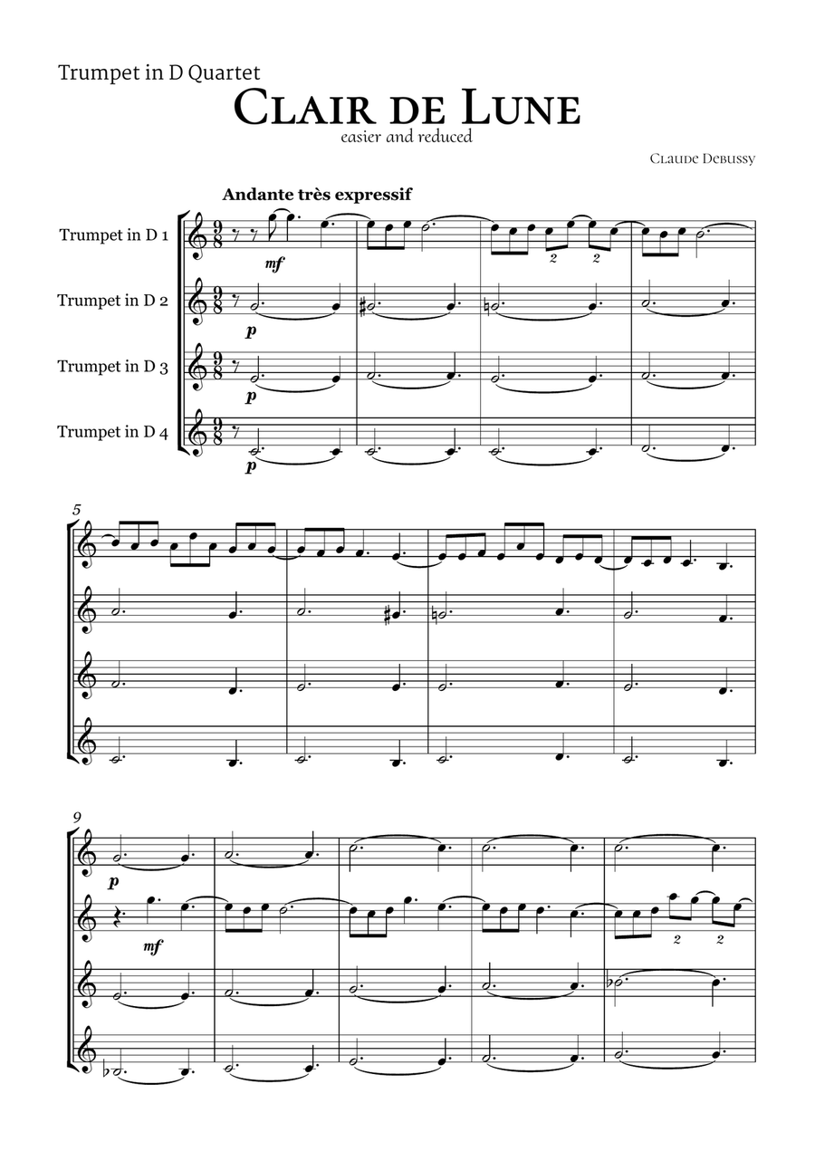 Clair de Lune Debussy Trumpet in D Quartet Brass Ensemble scores gallery preview page 2
