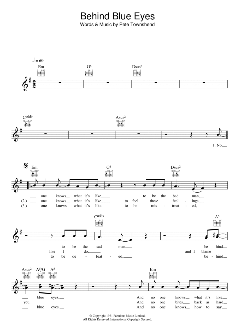Behind Blue Eyes Piano scores gallery preview page 1