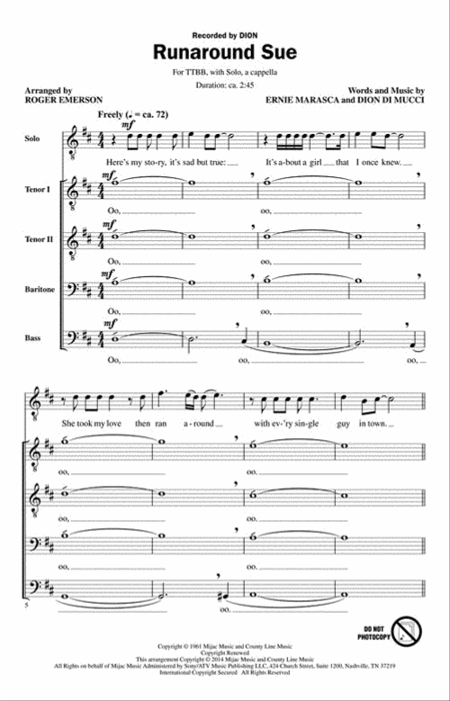 Runaround Sue Runaround Sue TTBB scores gallery preview page 2