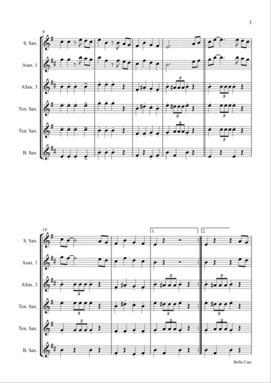 Bella Ciao for Saxophonquartet Woodwind Quartet scores gallery preview page 3
