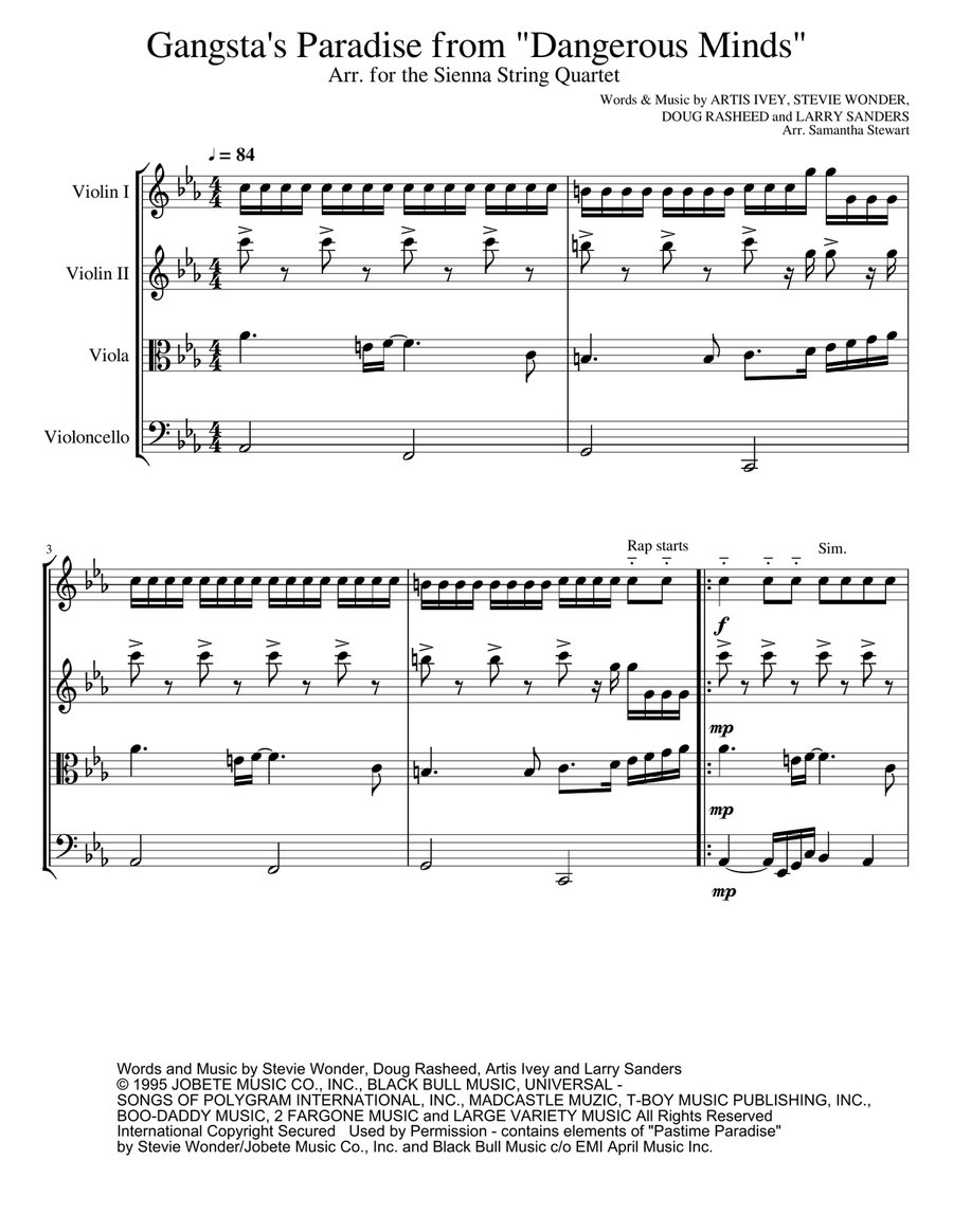 Gangsta's Paradise Gangsta's Paradise String Quartet scores gallery preview page 1