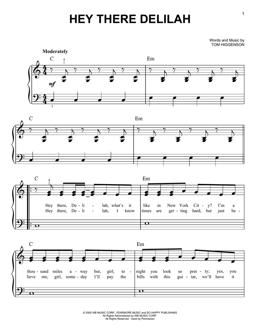 Hey There Delilah Easy Piano scores gallery preview page 1