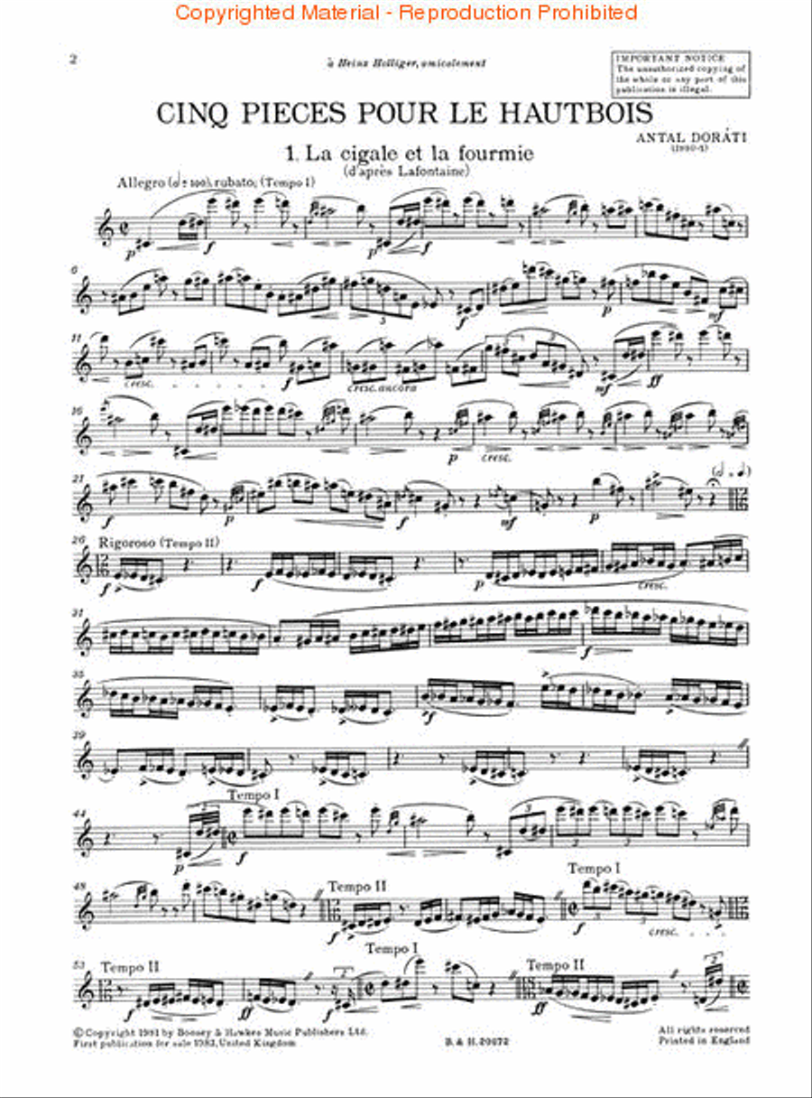 Cinq Pieces pour le Hautbois Oboe Solo scores gallery preview page 2
