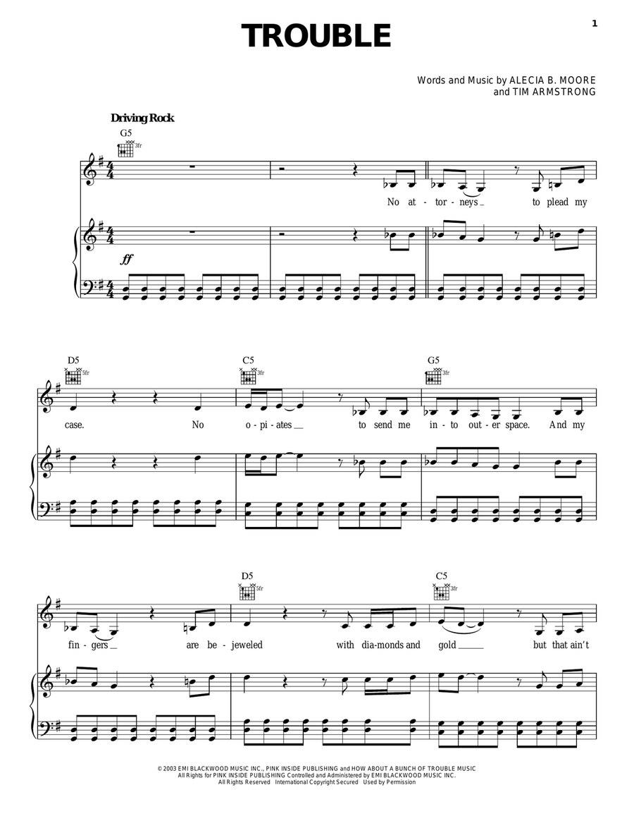 Trouble Trouble Piano, Vocal, Guitar scores gallery preview page 1