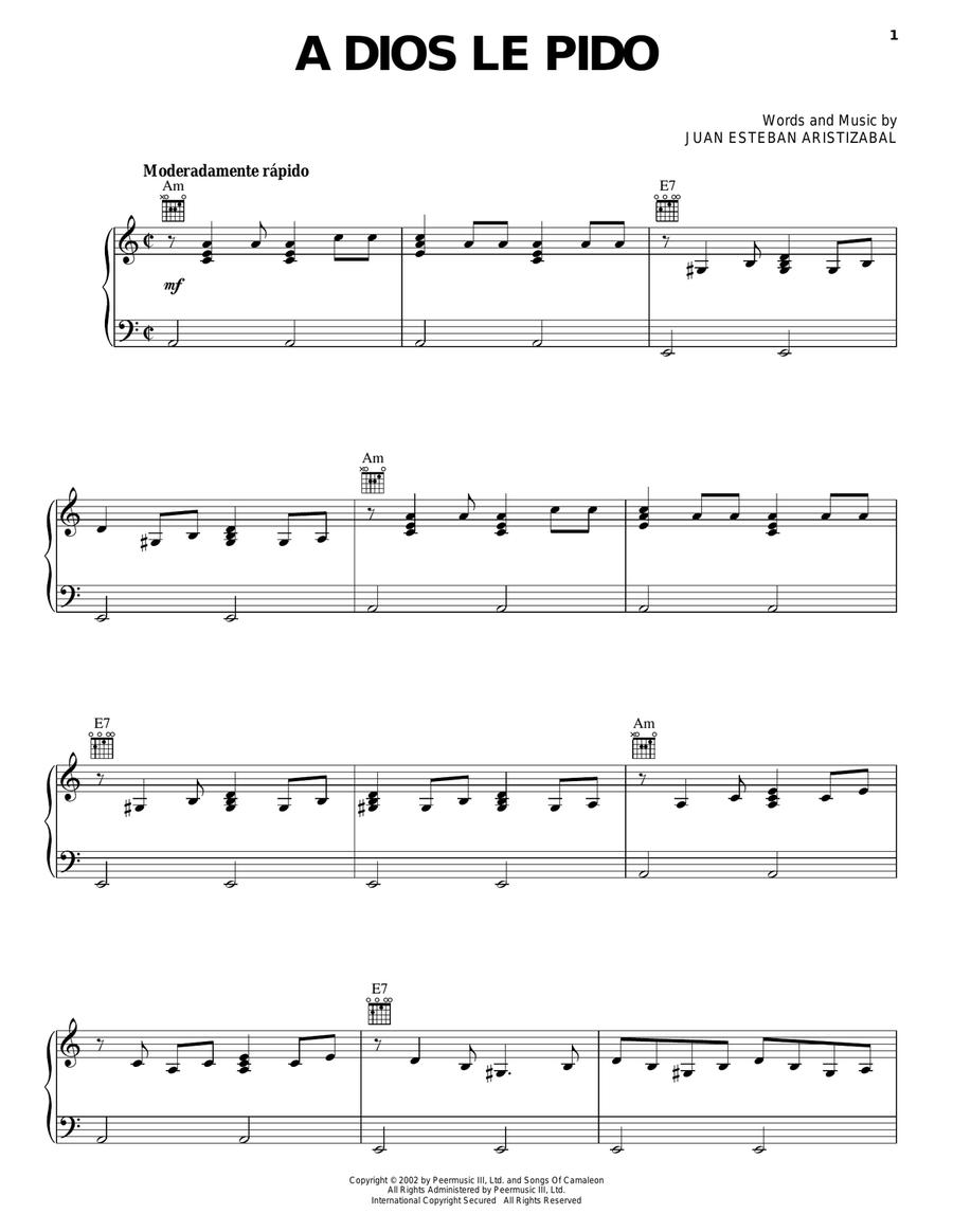 A Dios Le Pido Piano, Vocal, Guitar scores gallery preview page 1