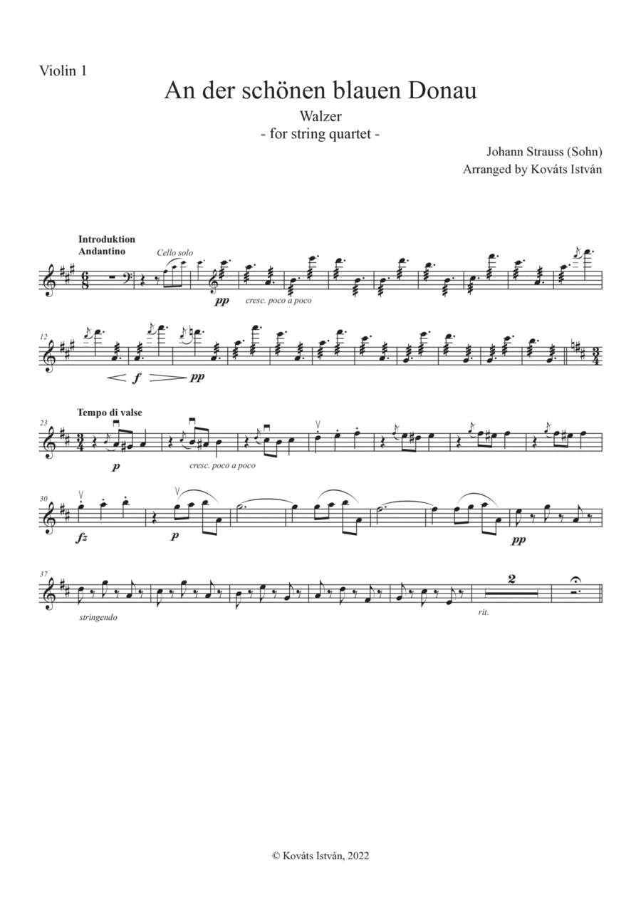 Blue Danube Waltz for String Quartet, A4 print and iPad layout String Quartet scores gallery preview page 1