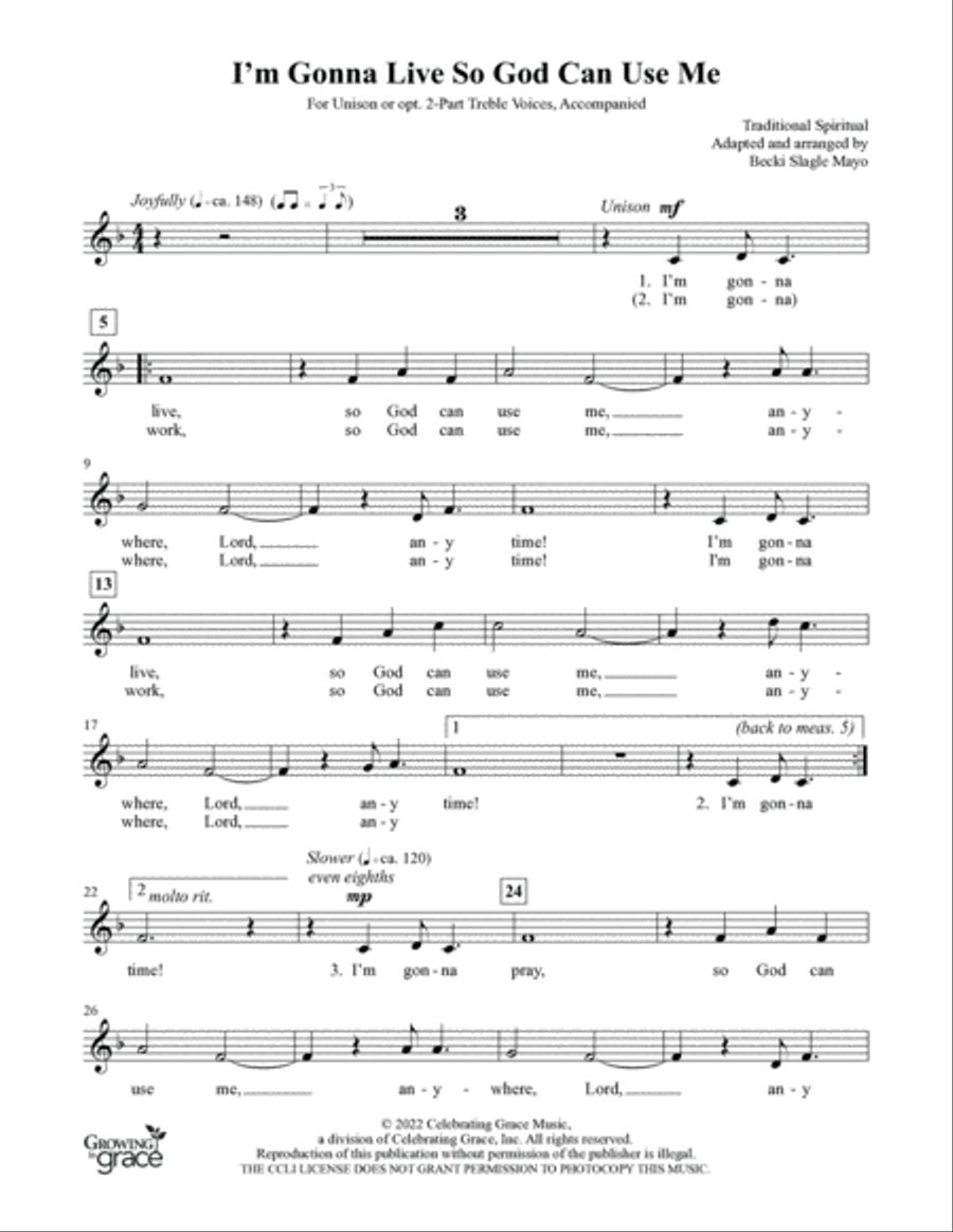 I'm Gonna Live So God Can Use Me (Teacher Resource) Unison Choir scores gallery preview page 5