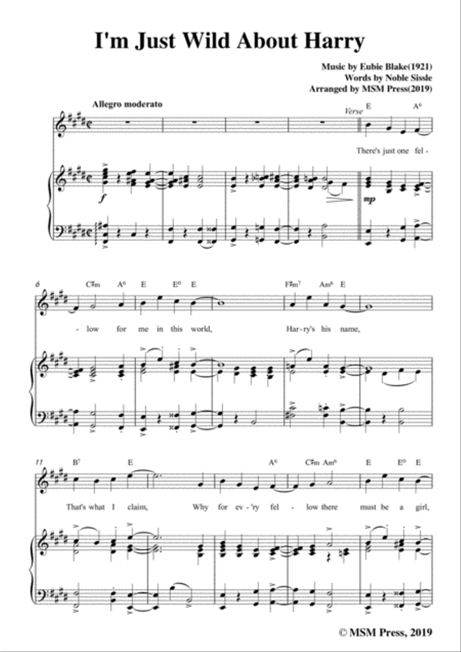 Eubie Blake-I'm Just Wild About Harry,in E Major,for Voice&Piano Voice scores gallery preview page 3