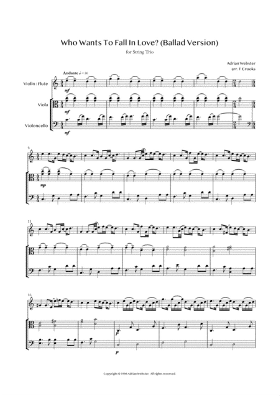 Who Wants To Fall In Love? (Ballad Version) for String Trio - CrusaderBeach - Romantic Wedding Music String Trio scores gallery preview page 1