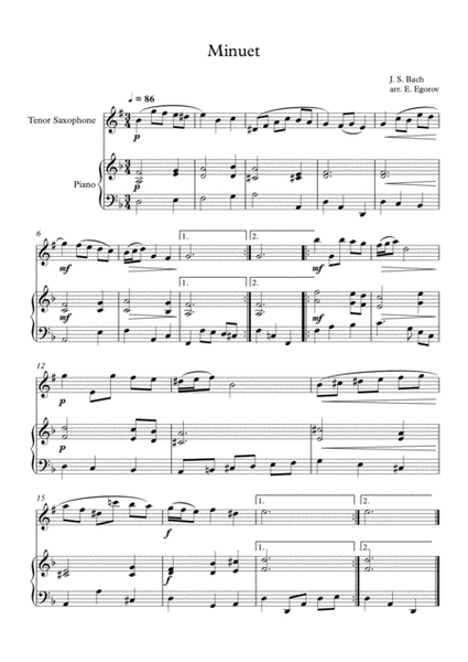 Minuet (In D Minor), Johann Sebastian Bach, For Tenor Saxophone & Piano image number null