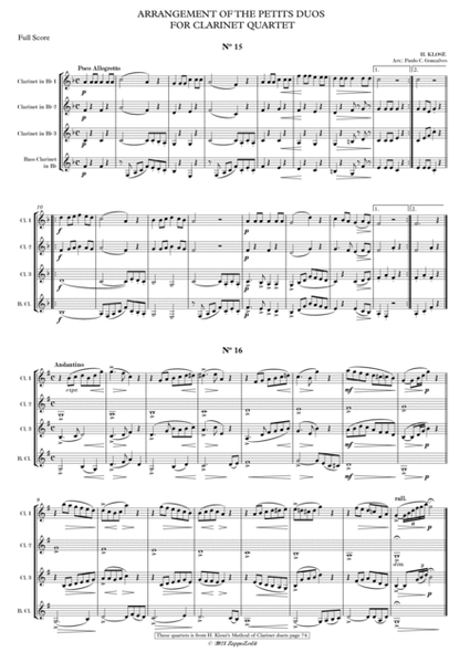 ARRANGEMENT OF THE PETITS DUOS FOR CLARINET QUARTET Nº 15 & 16 image number null