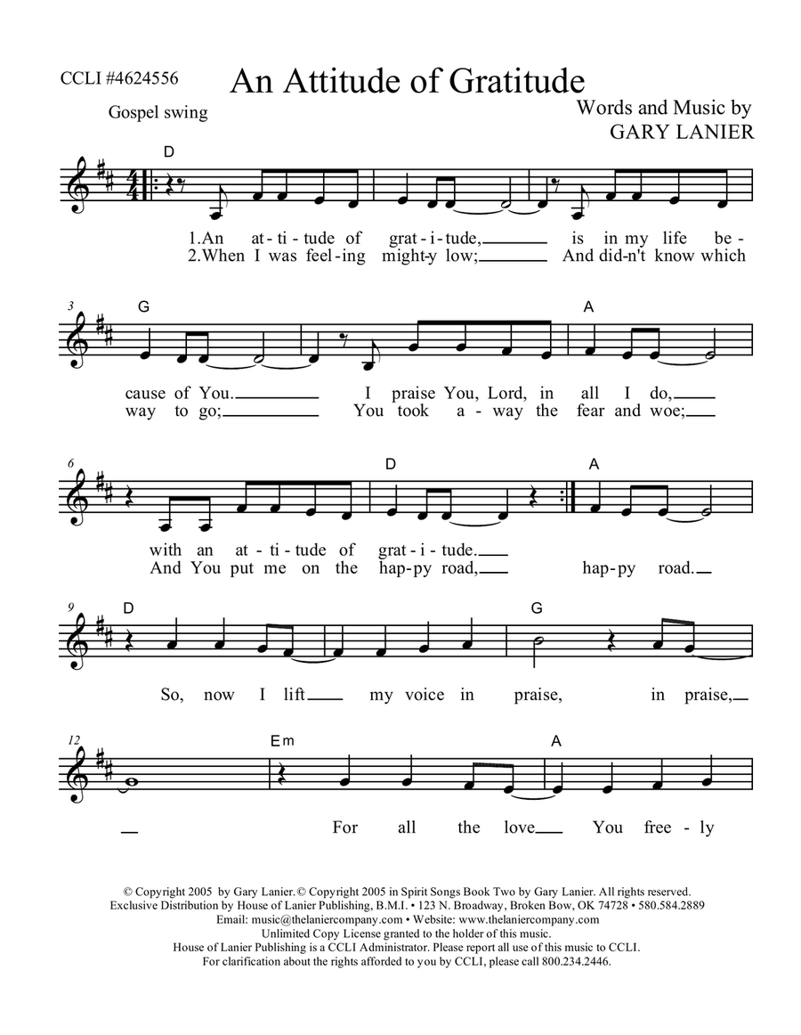 AN ATTITUDE OF GRATITUDE - Lead Sheet (Includes Melody, Lyrics & Chords Piano scores gallery preview page 1