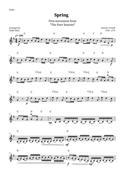 Spring - The Four Seasons for Violin Solo (G Major with chords) image number null