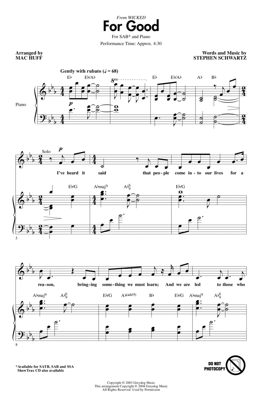 For Good (from Wicked) (arr. Mac Huff) 3-Part scores gallery preview page 1