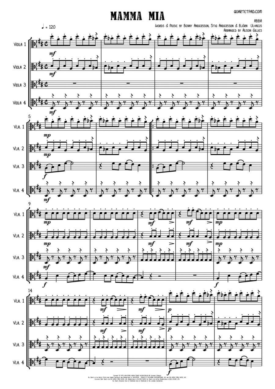Mamma Mia Mamma Mia String Quartet scores gallery preview page 1