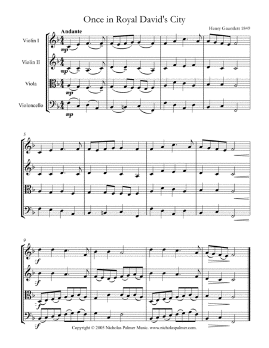 Once in royal David's city - easy string quartet String Quartet scores gallery preview page 1
